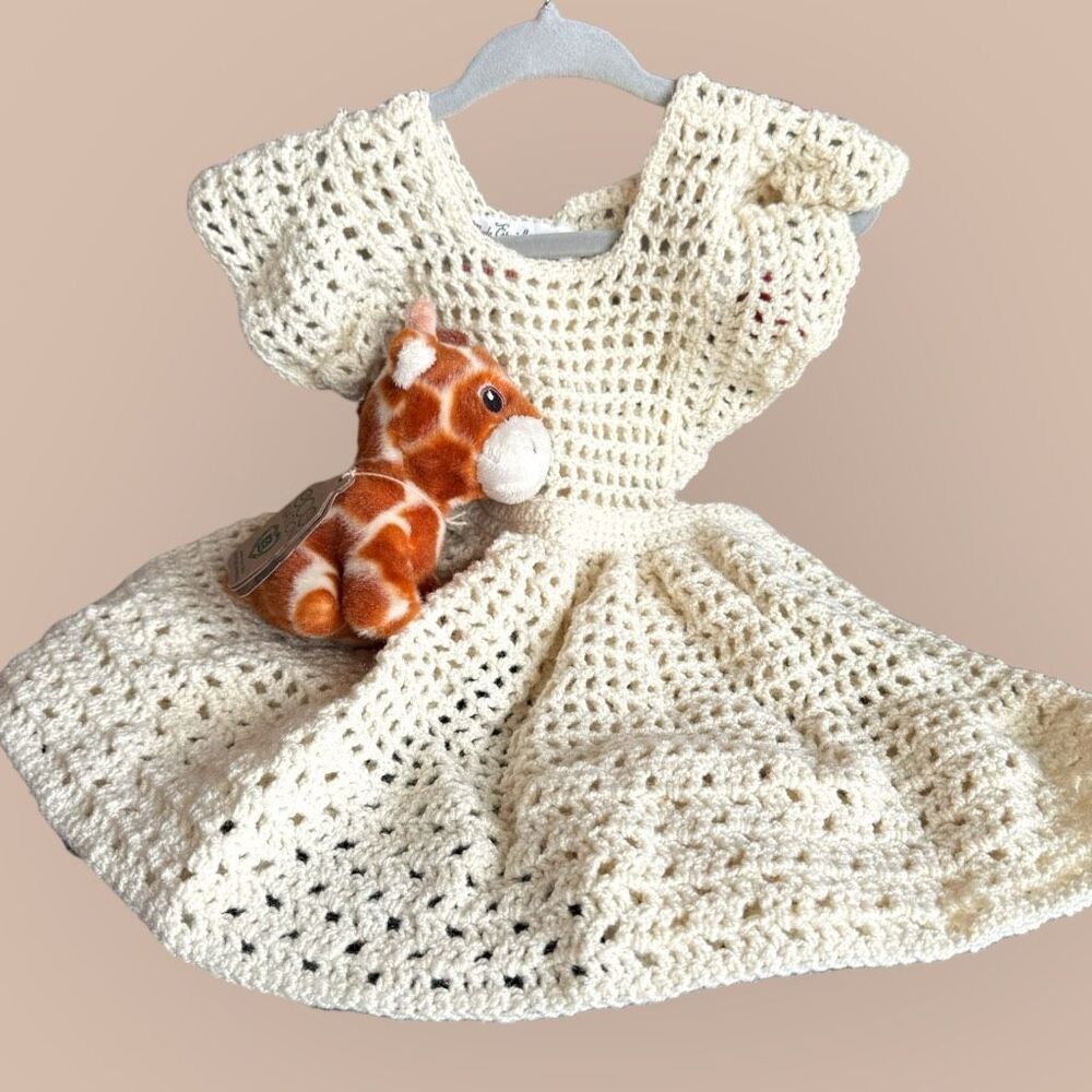 Hand Made Crochet Baby Girl Dress Button & Tie Back Linen Color 3mo - 9mo
